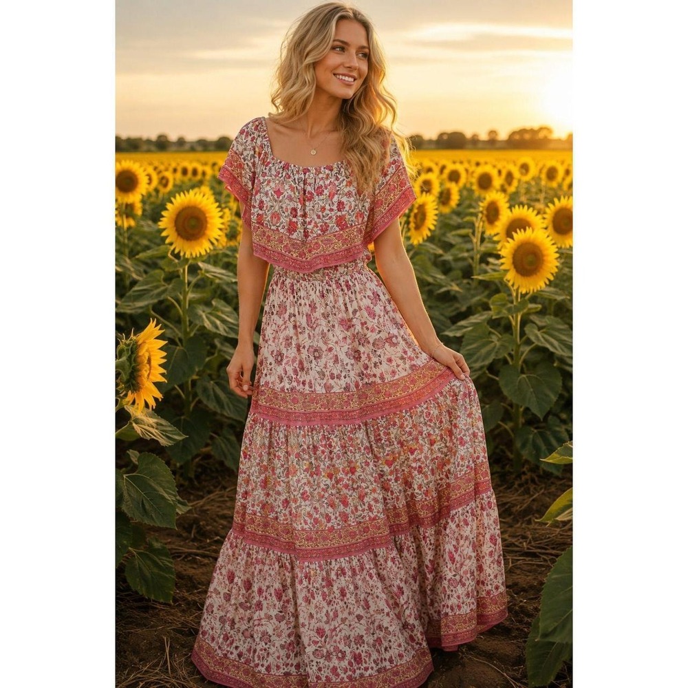 Flying Tomato Pink White Floral Maxi Dress Sz L Off/On shoulder Sheer Overlay